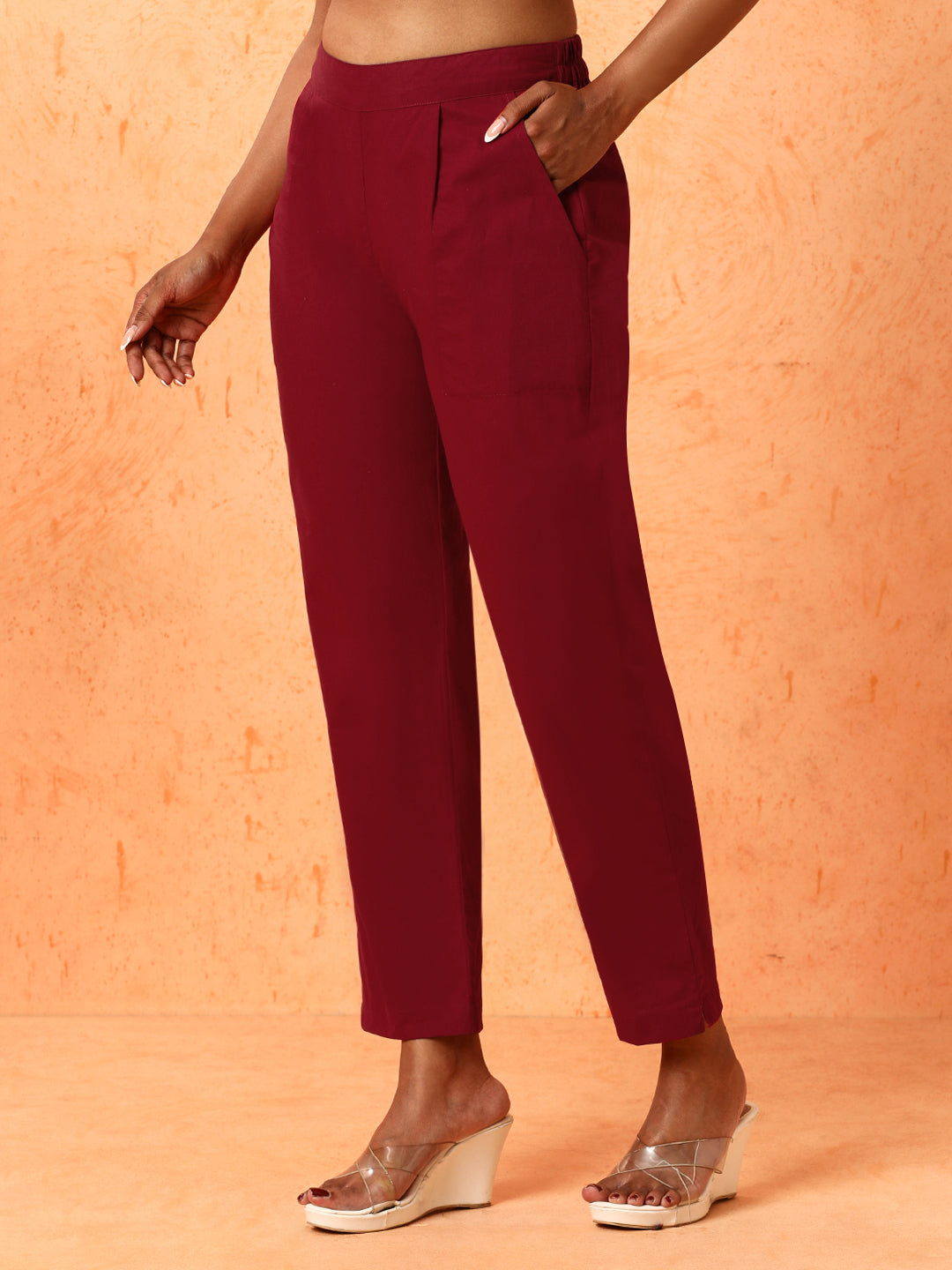 Women Maroon Solid Regular Trousers