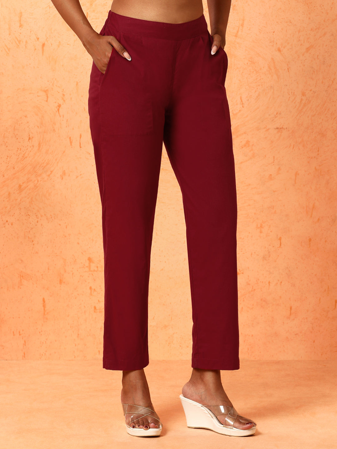 Women Maroon Solid Regular Trousers