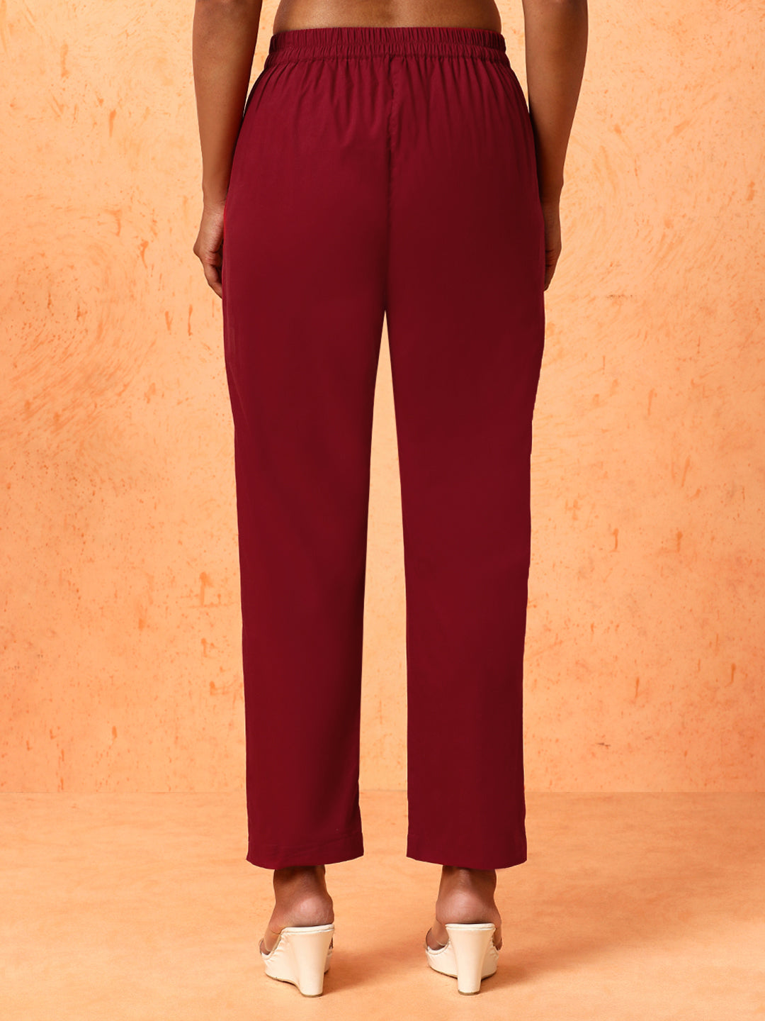Women Maroon Solid Regular Trousers