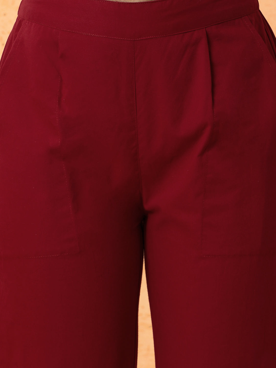 Women Maroon Solid Regular Trousers
