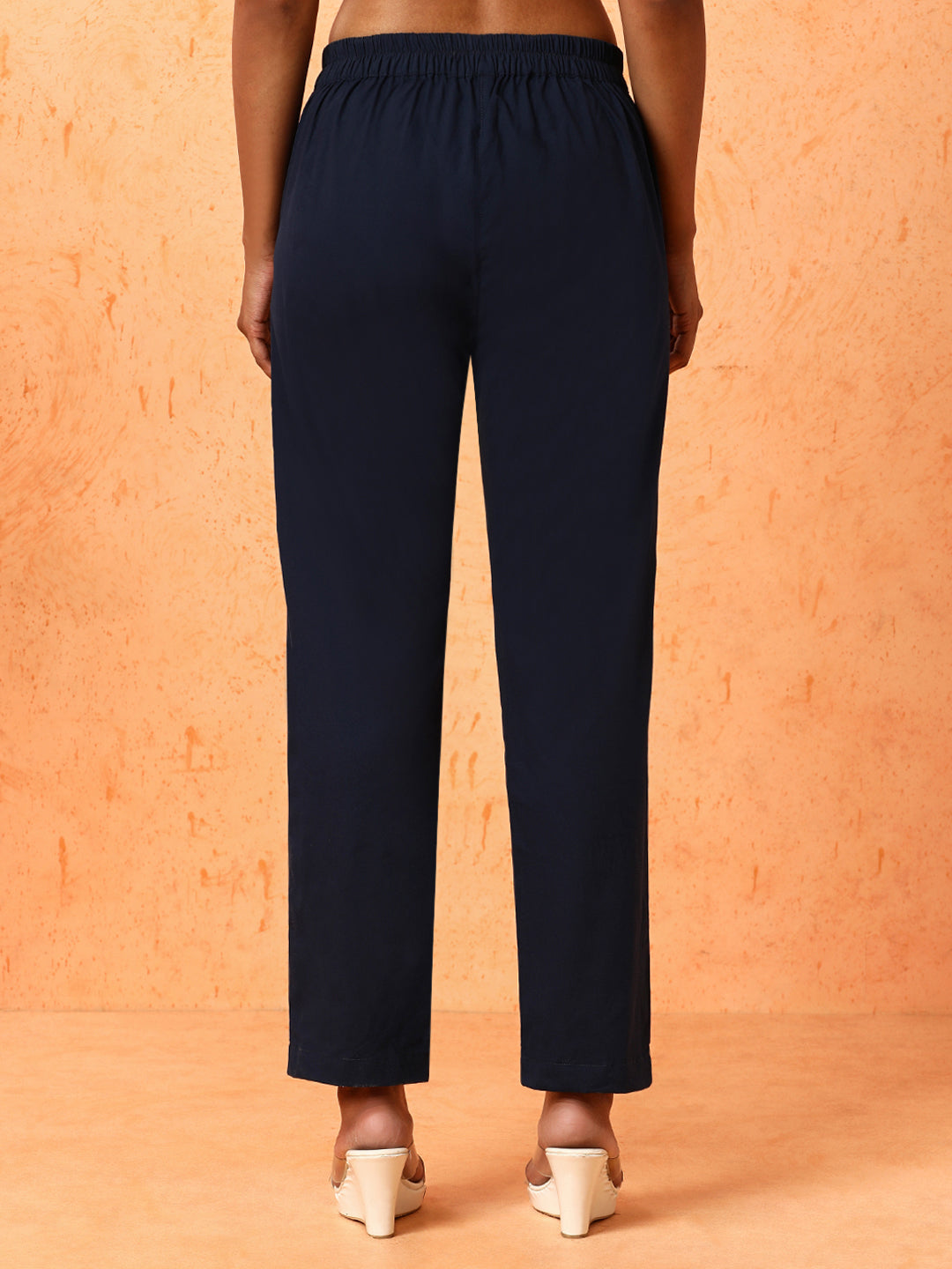 Women Navy Blue Solid Regular Trousers