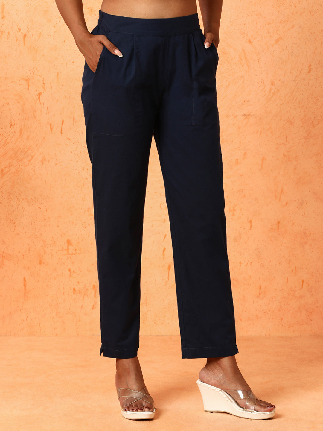 Women Navy Blue Solid Regular Trousers