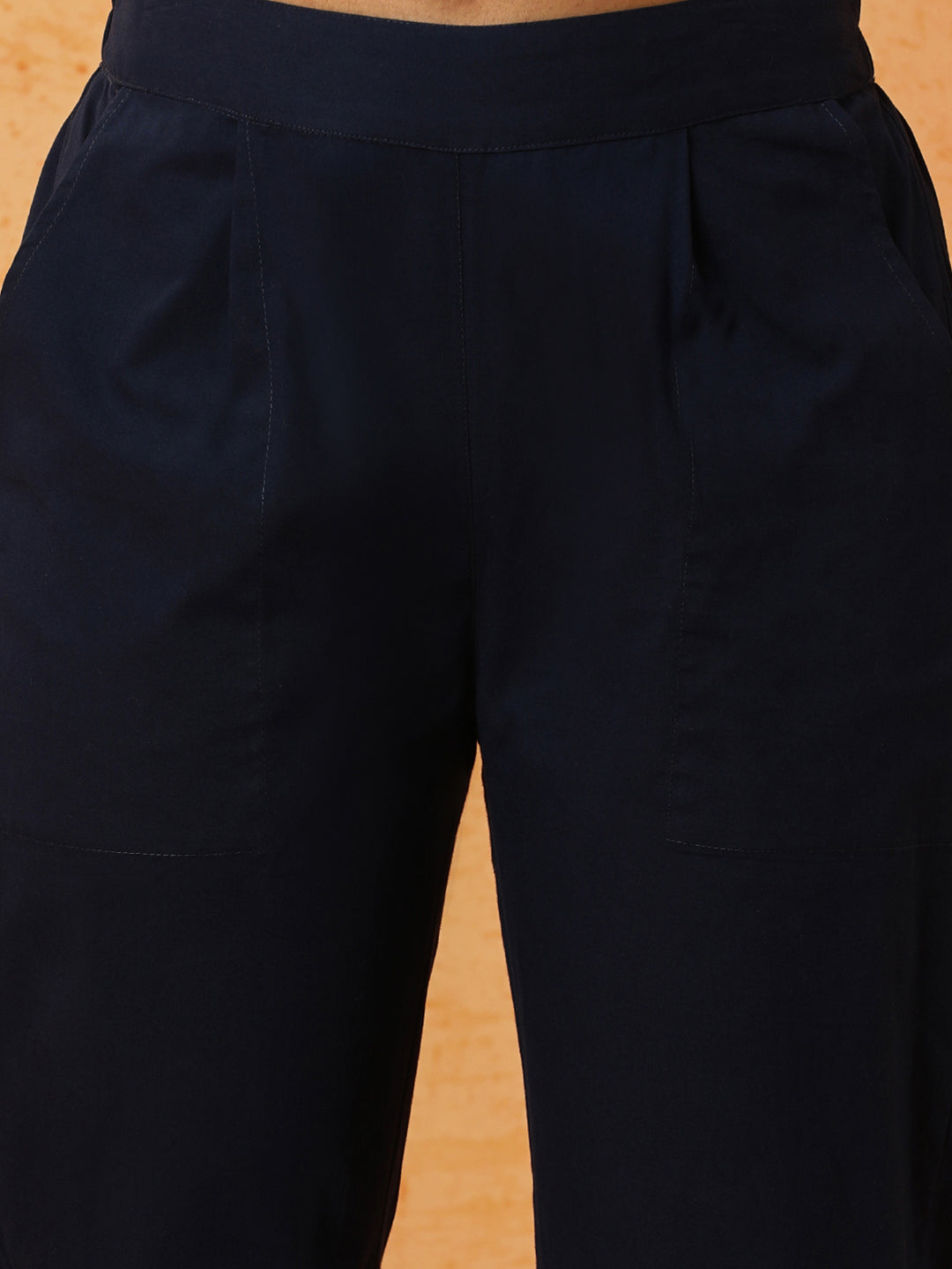 Women Navy Blue Solid Regular Trousers