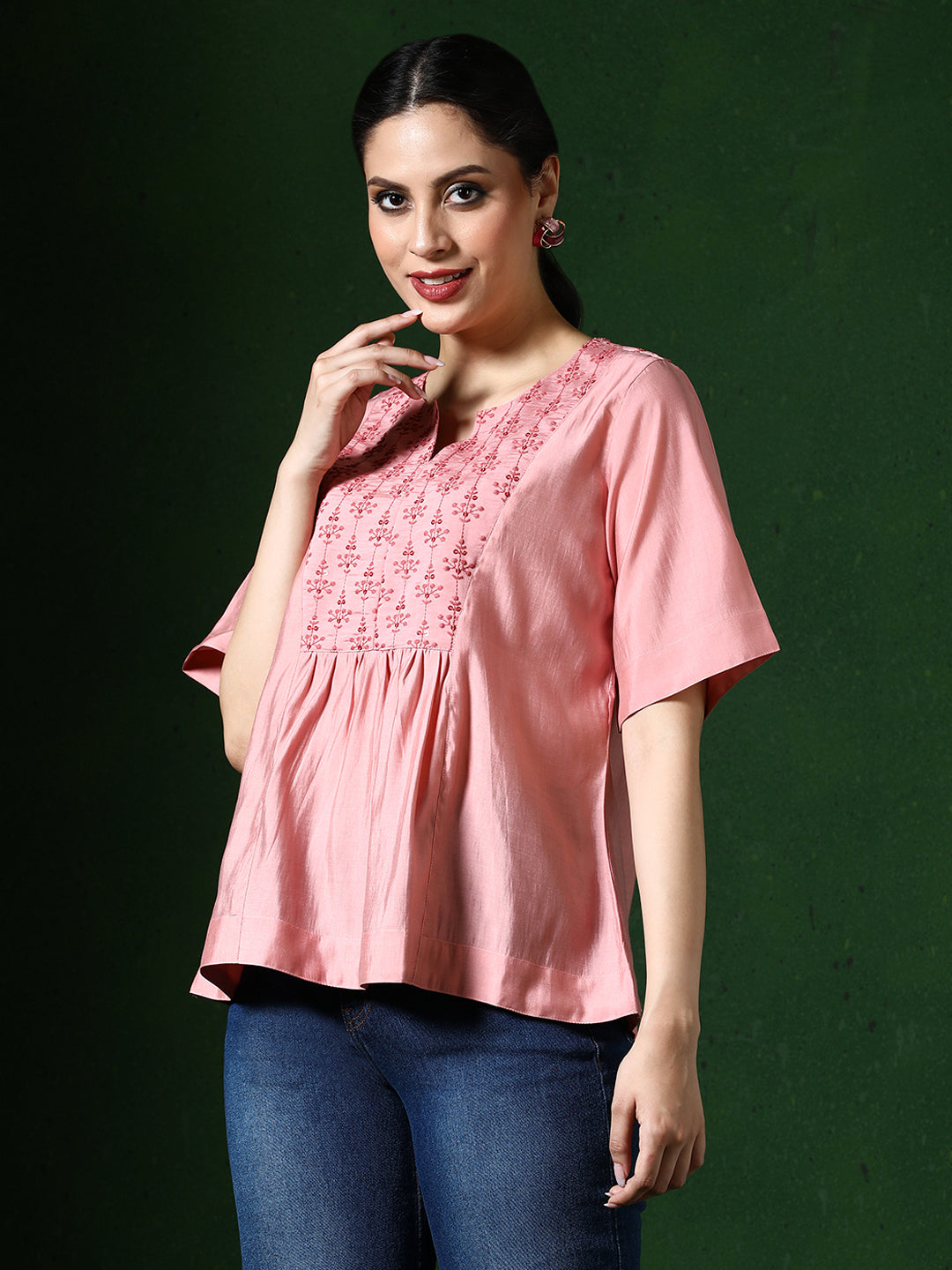 Floral Embroidered A-Line Silk Blend Top