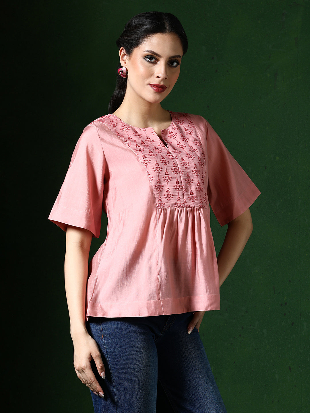 Floral Embroidered A-Line Silk Blend Top