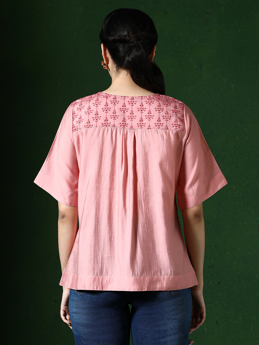 Floral Embroidered A-Line Silk Blend Top