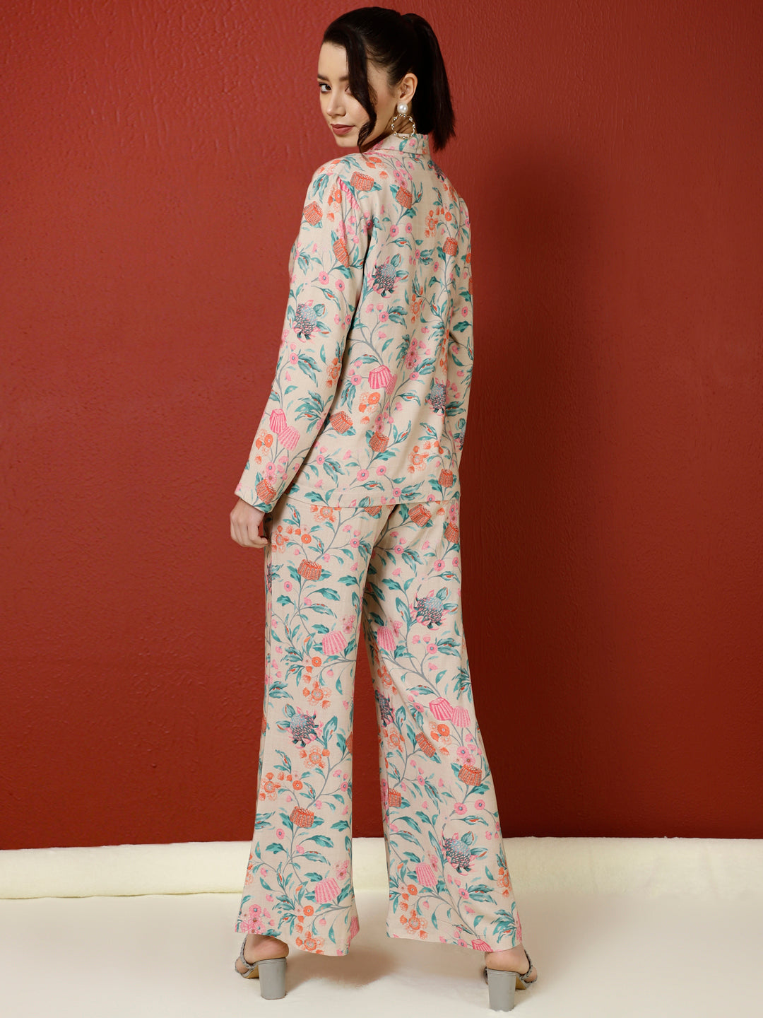 Beige Tropical Printed Jacket And Palazzo With Solid Crop Top