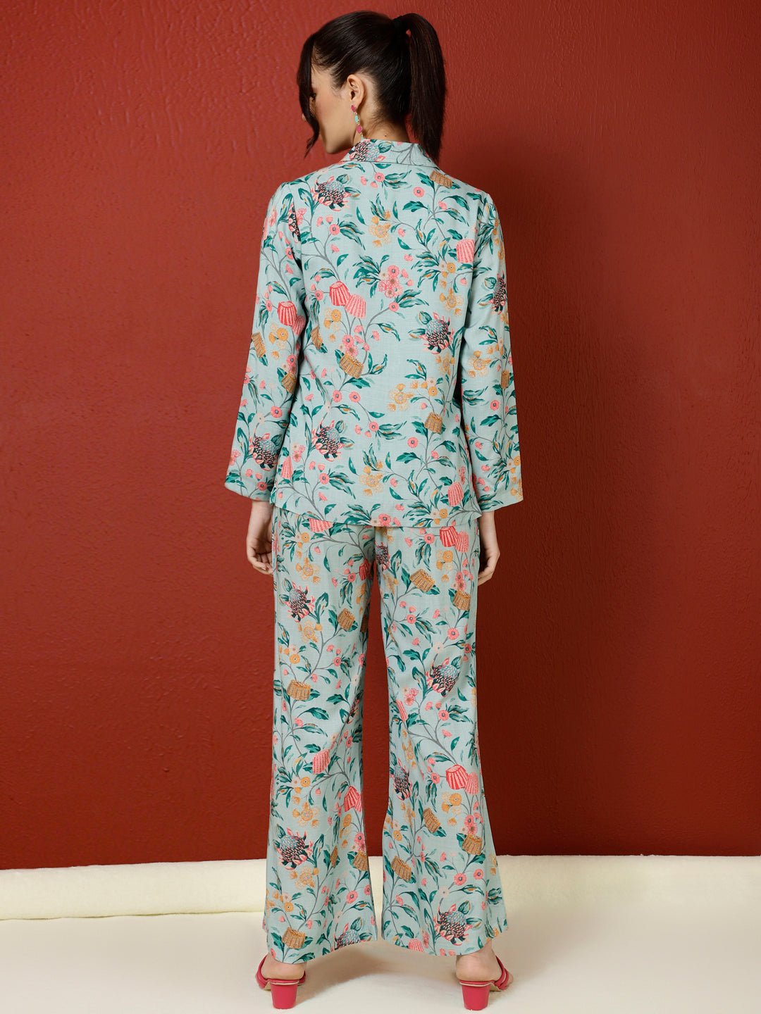 Blue Tropical Printed Jacket And Palazzo With Solid Crop Top