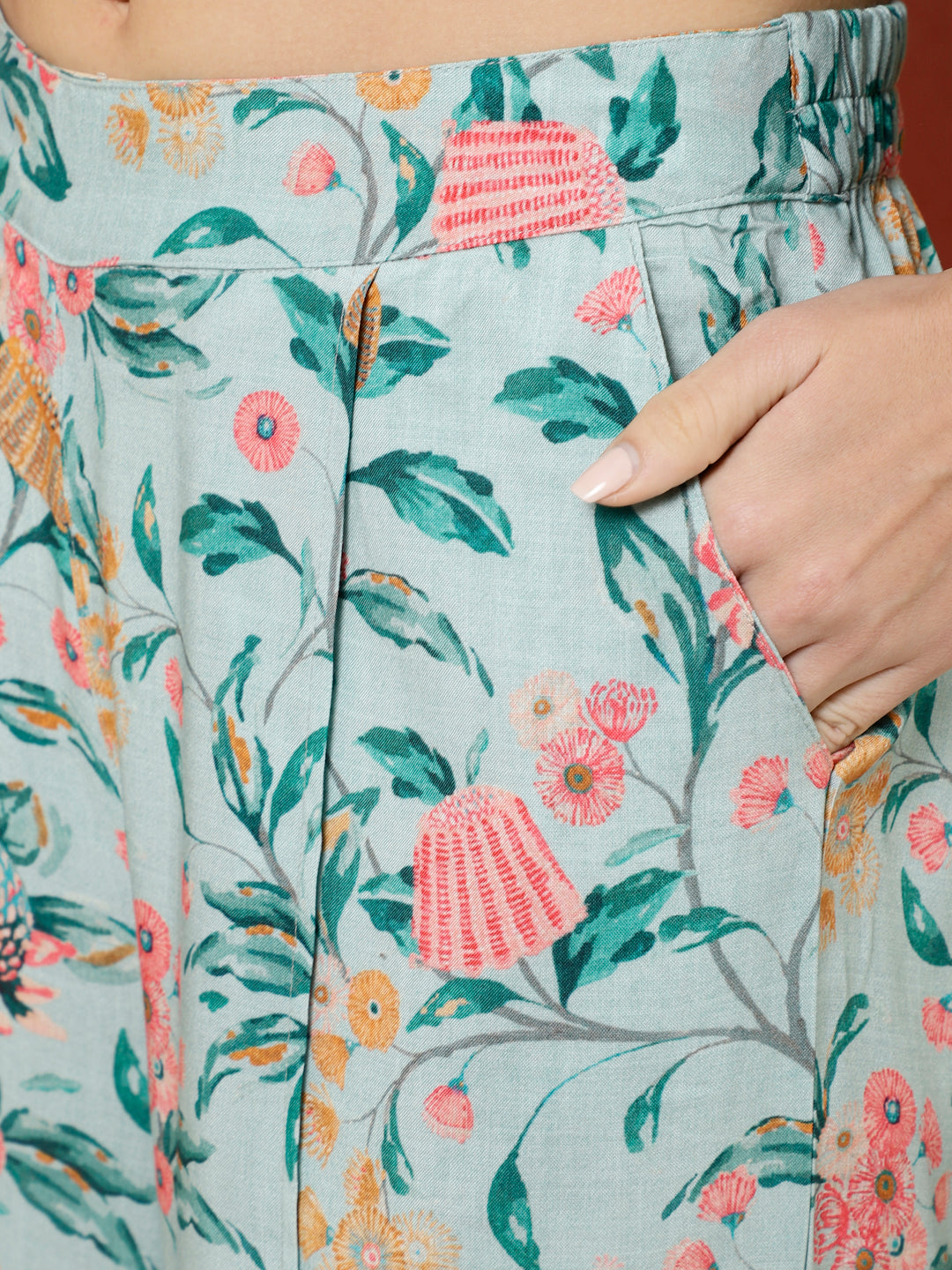 Blue Tropical Printed Jacket And Palazzo With Solid Crop Top