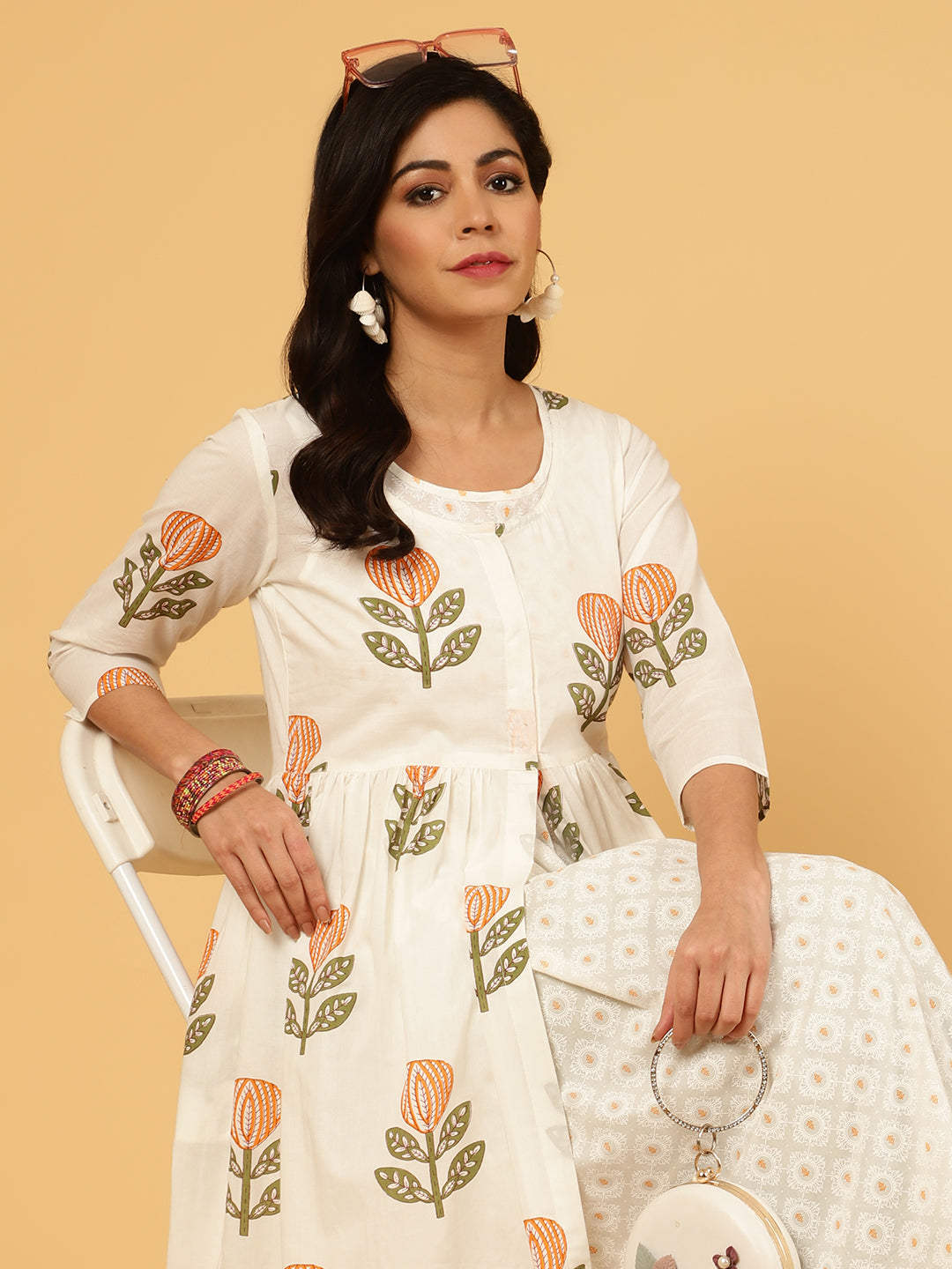 White Ethnic Motif Printed Shrug With Printed Kurta And Palazzo