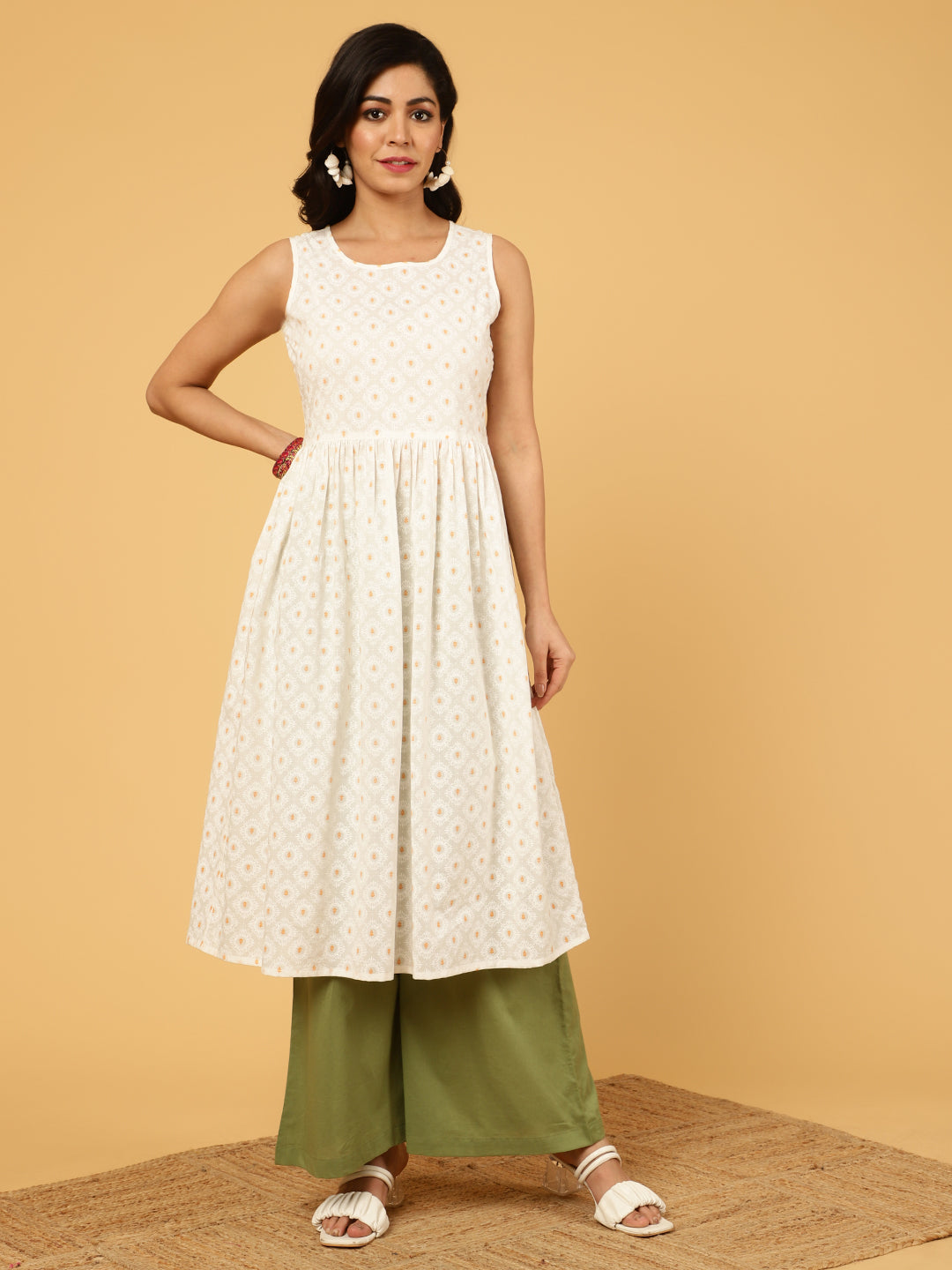 White Ethnic Motif Printed Shrug With Printed Kurta And Palazzo