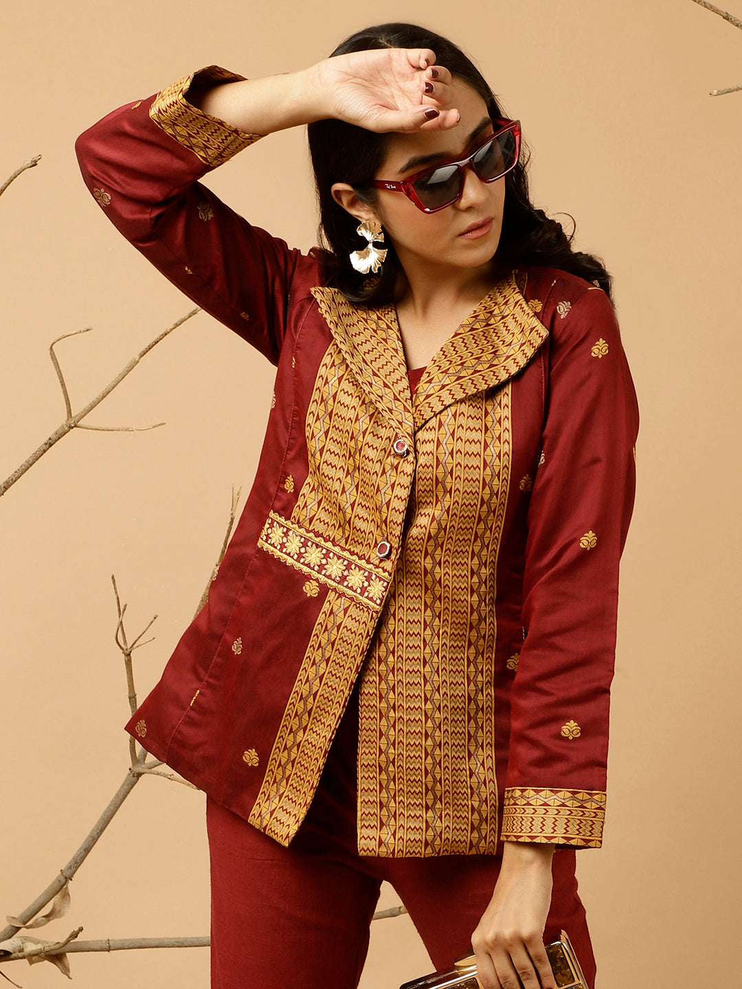 Maroon Jacquard Chanderi Embroidered Jacket