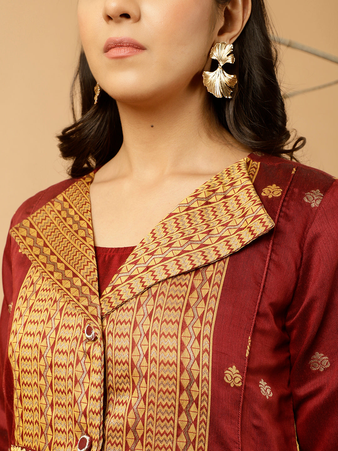 Maroon Jacquard Chanderi Embroidered Jacket