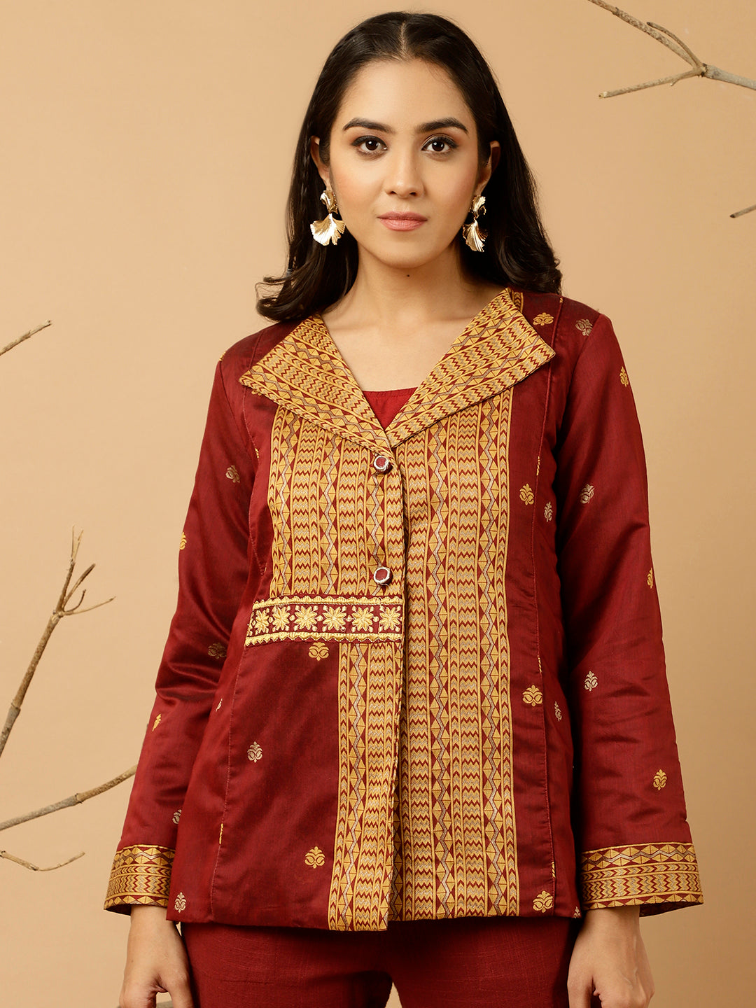 Maroon Jacquard Chanderi Embroidered Jacket