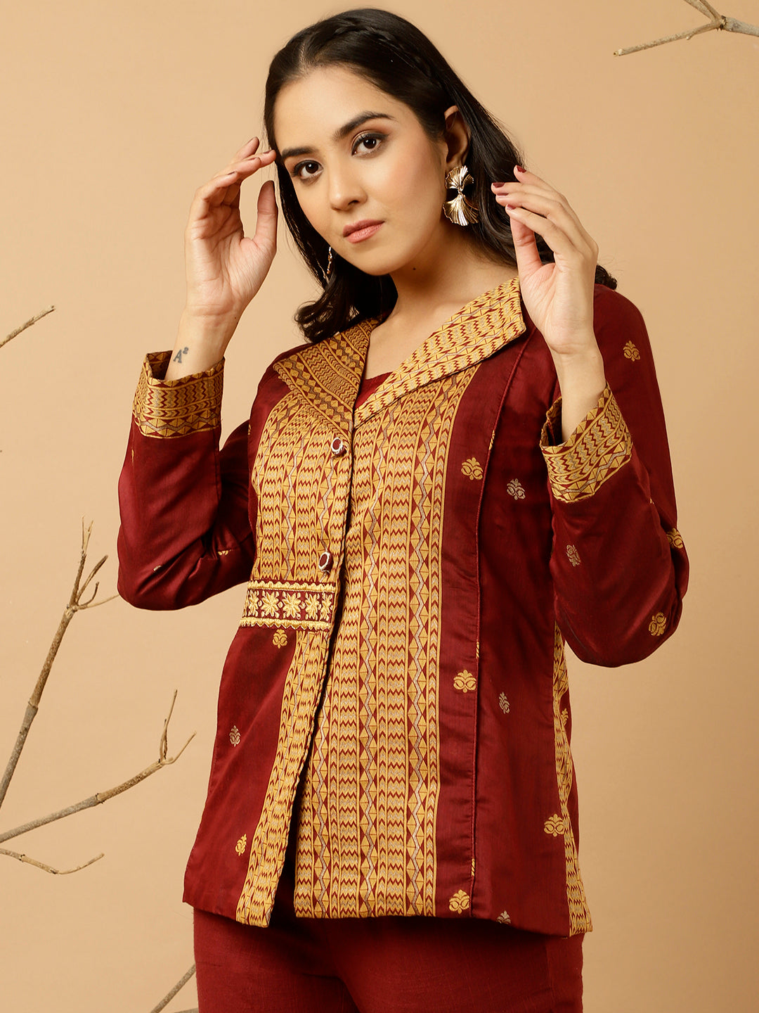 Maroon Jacquard Chanderi Embroidered Jacket