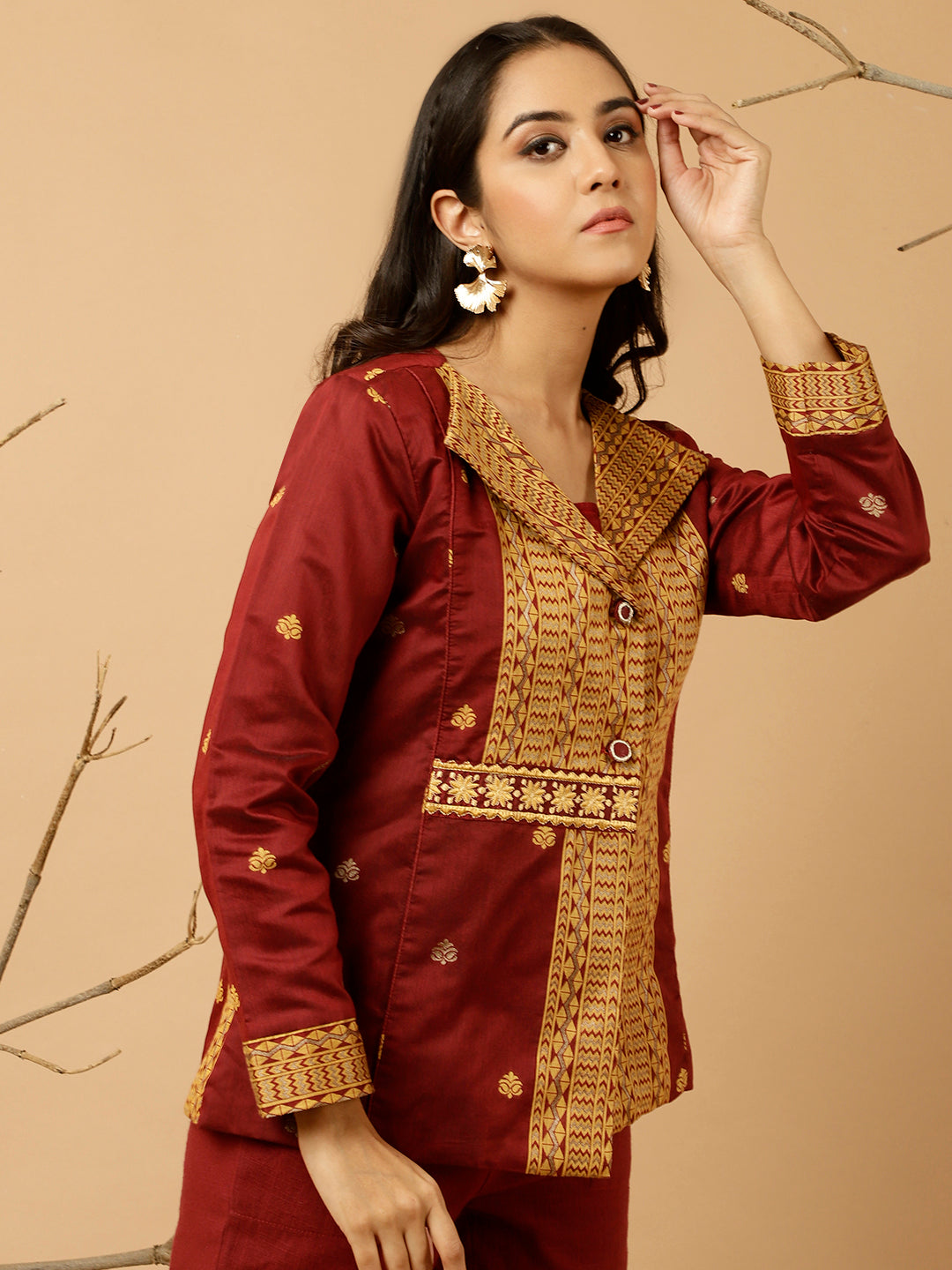 Maroon Jacquard Chanderi Embroidered Jacket