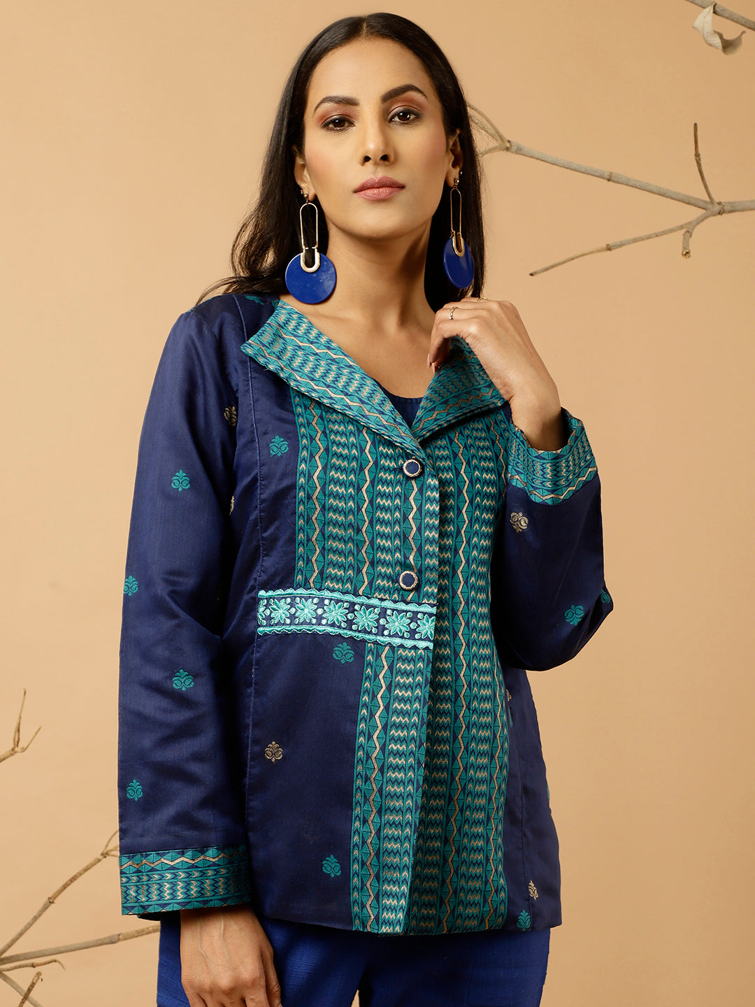 Navy Blue Jacquard Chanderi Embroidered Jacket