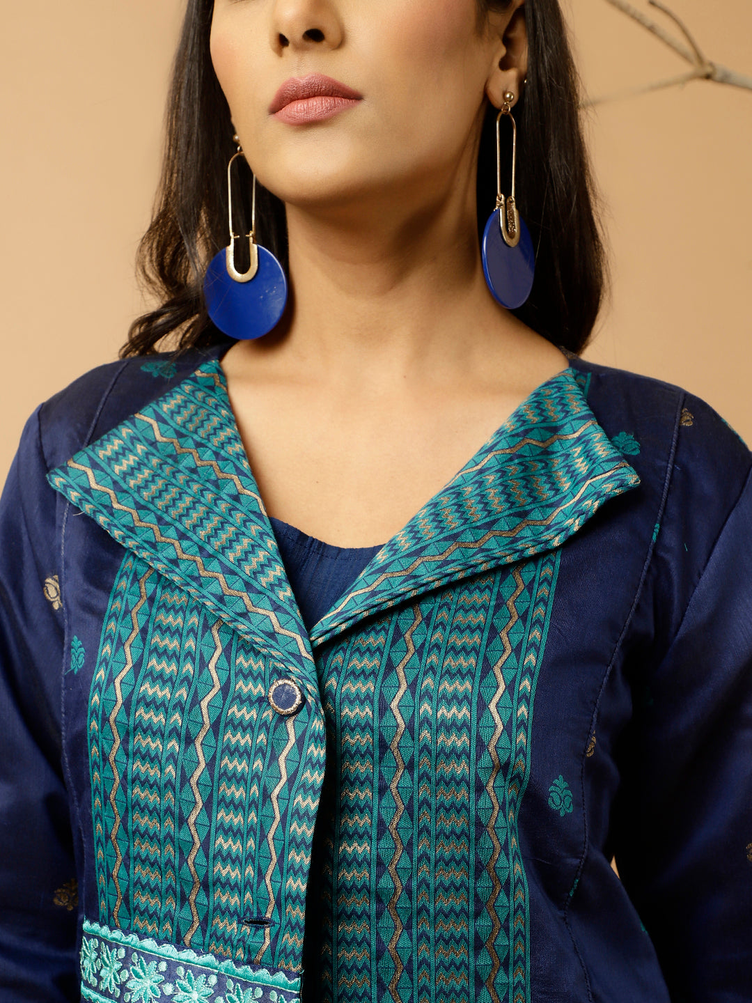 Navy Blue Jacquard Chanderi Embroidered Jacket