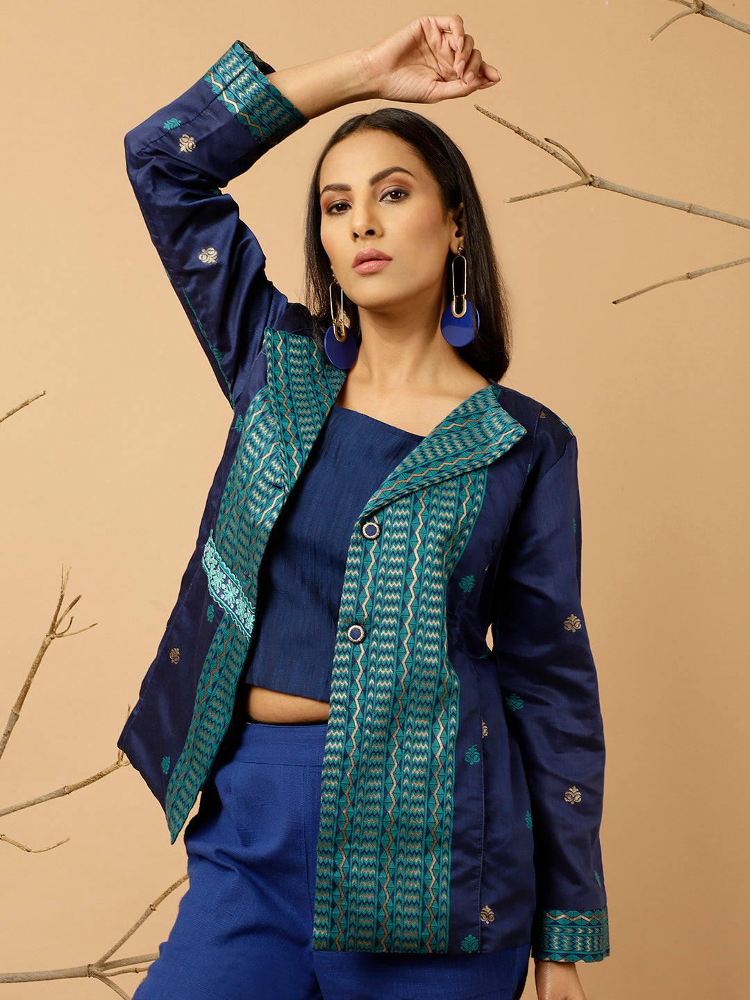 Navy Blue Jacquard Chanderi Embroidered Jacket