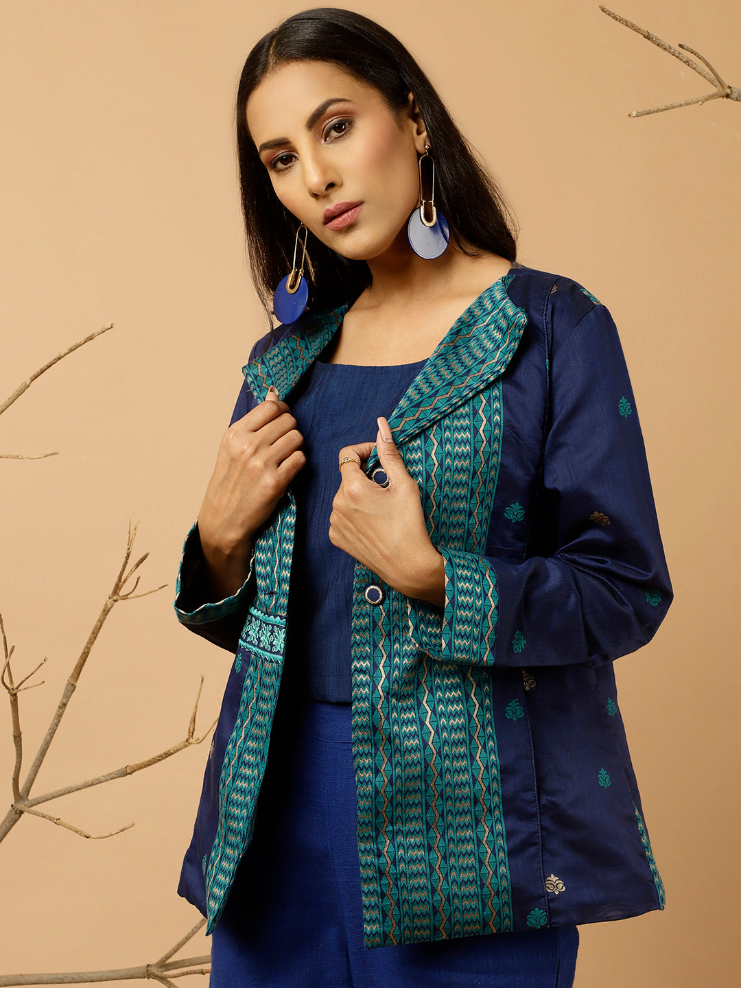 Navy Blue Jacquard Chanderi Embroidered Jacket