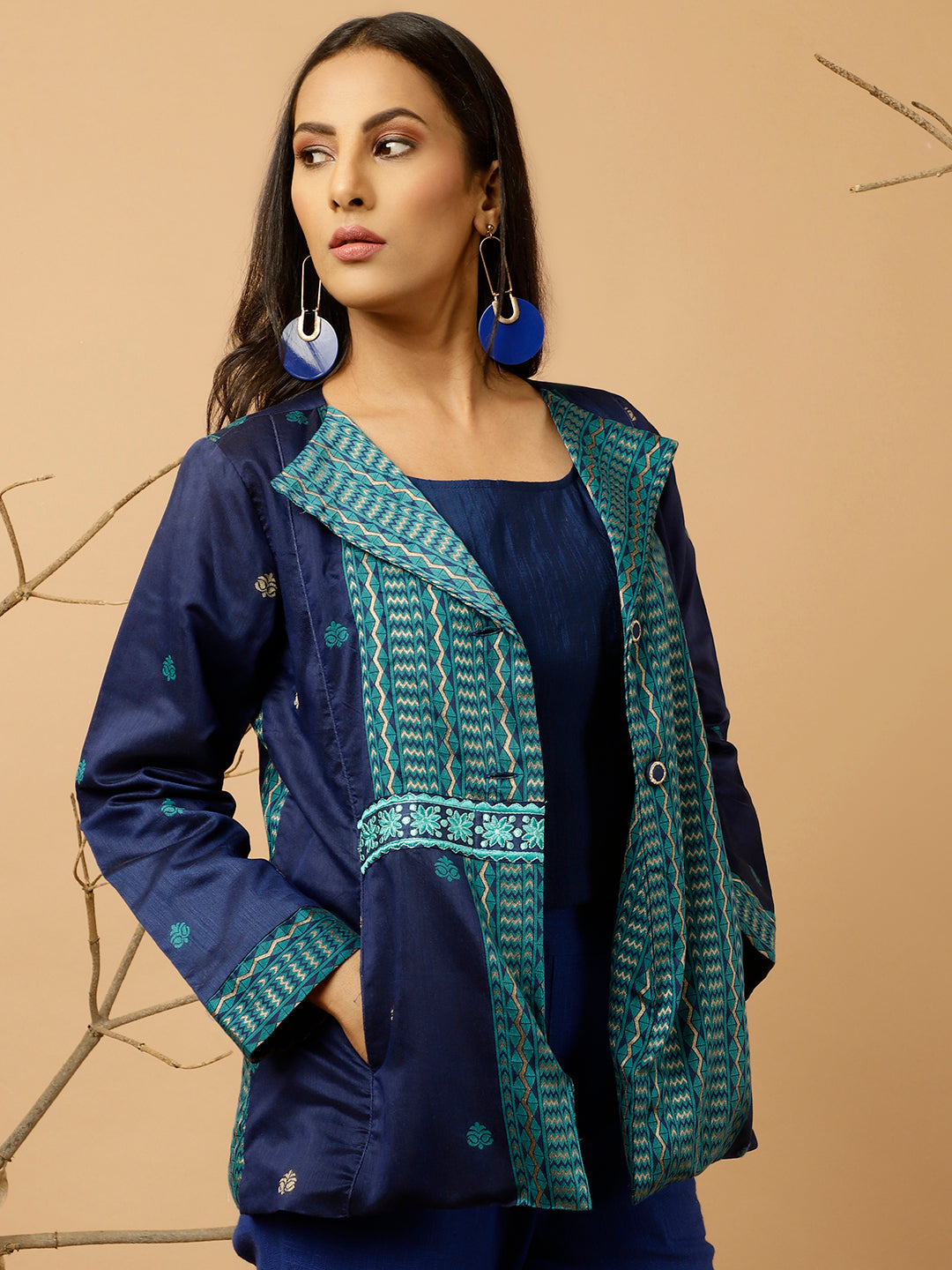 Navy Blue Jacquard Chanderi Embroidered Jacket