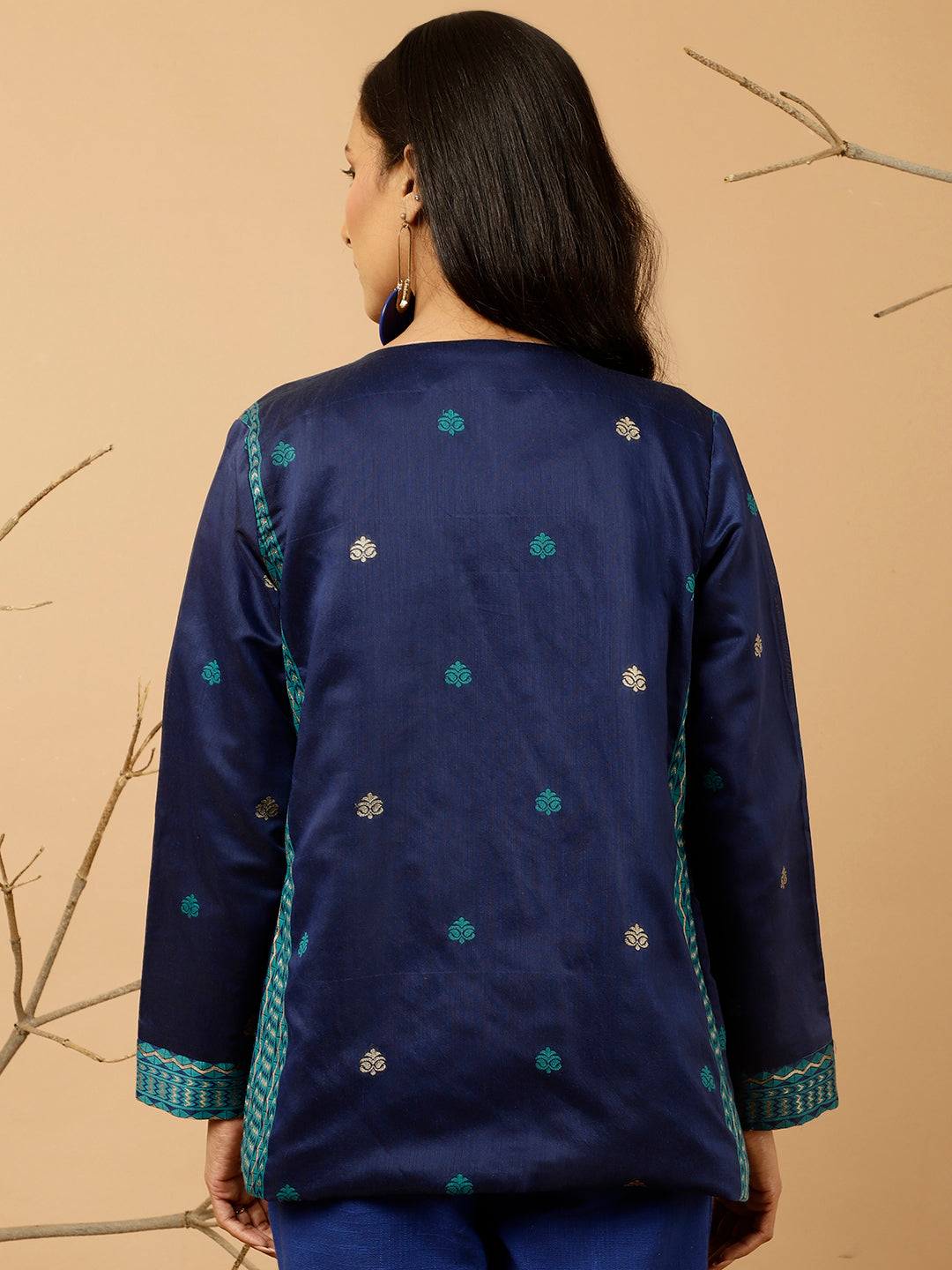 Navy Blue Jacquard Chanderi Embroidered Jacket