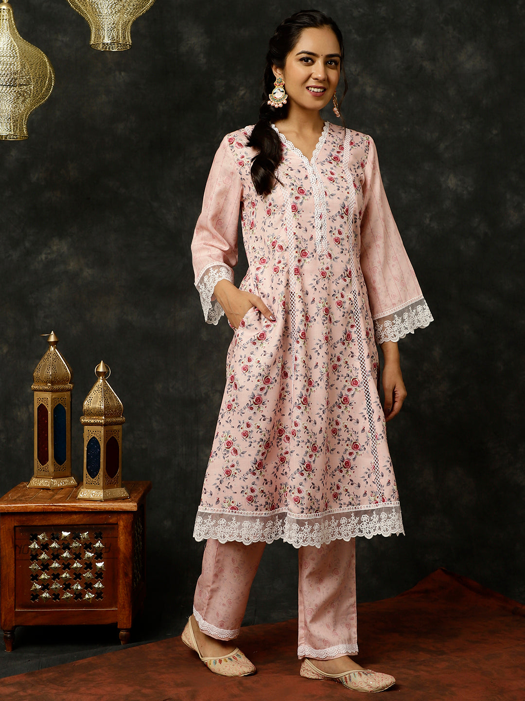 PINK ROSE PRINTED PAKISTANI KURTA WITH PALAZZO AND DUPATTA
