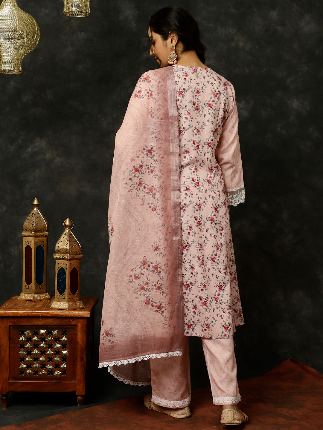 PINK ROSE PRINTED PAKISTANI KURTA WITH PALAZZO AND DUPATTA