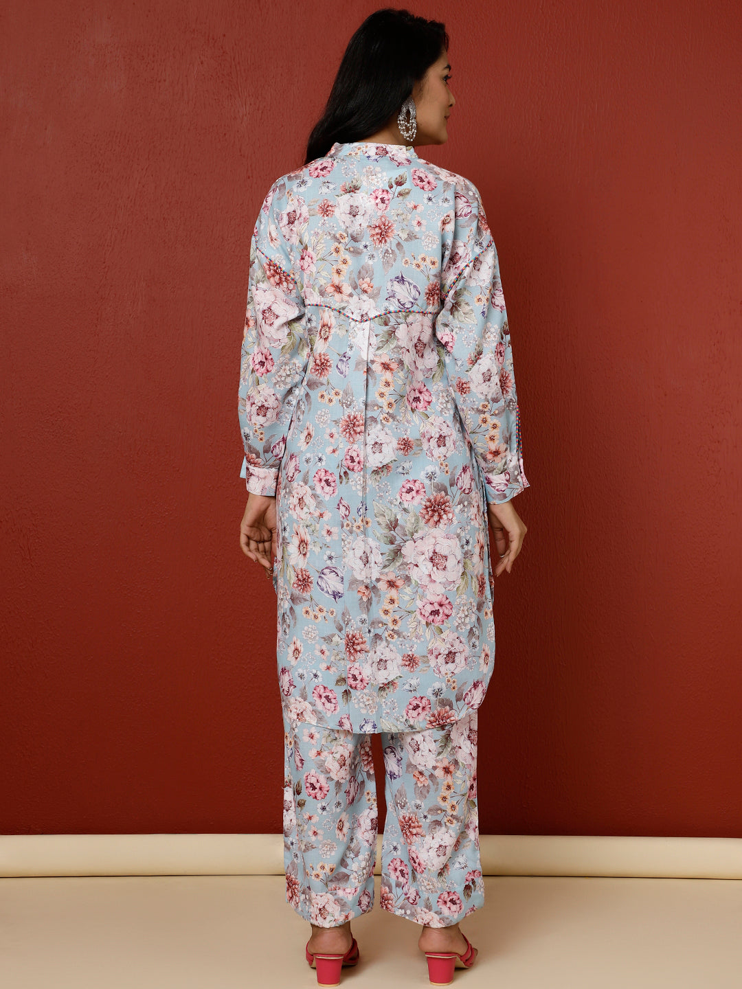 Blue Floral Printed Kurta With Palazzo Co-ord Set