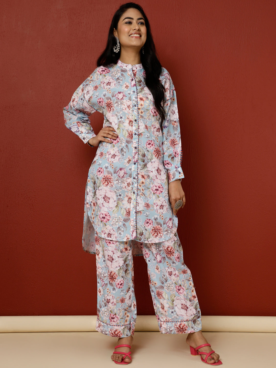 Blue Floral Printed Kurta With Palazzo Co-ord Set