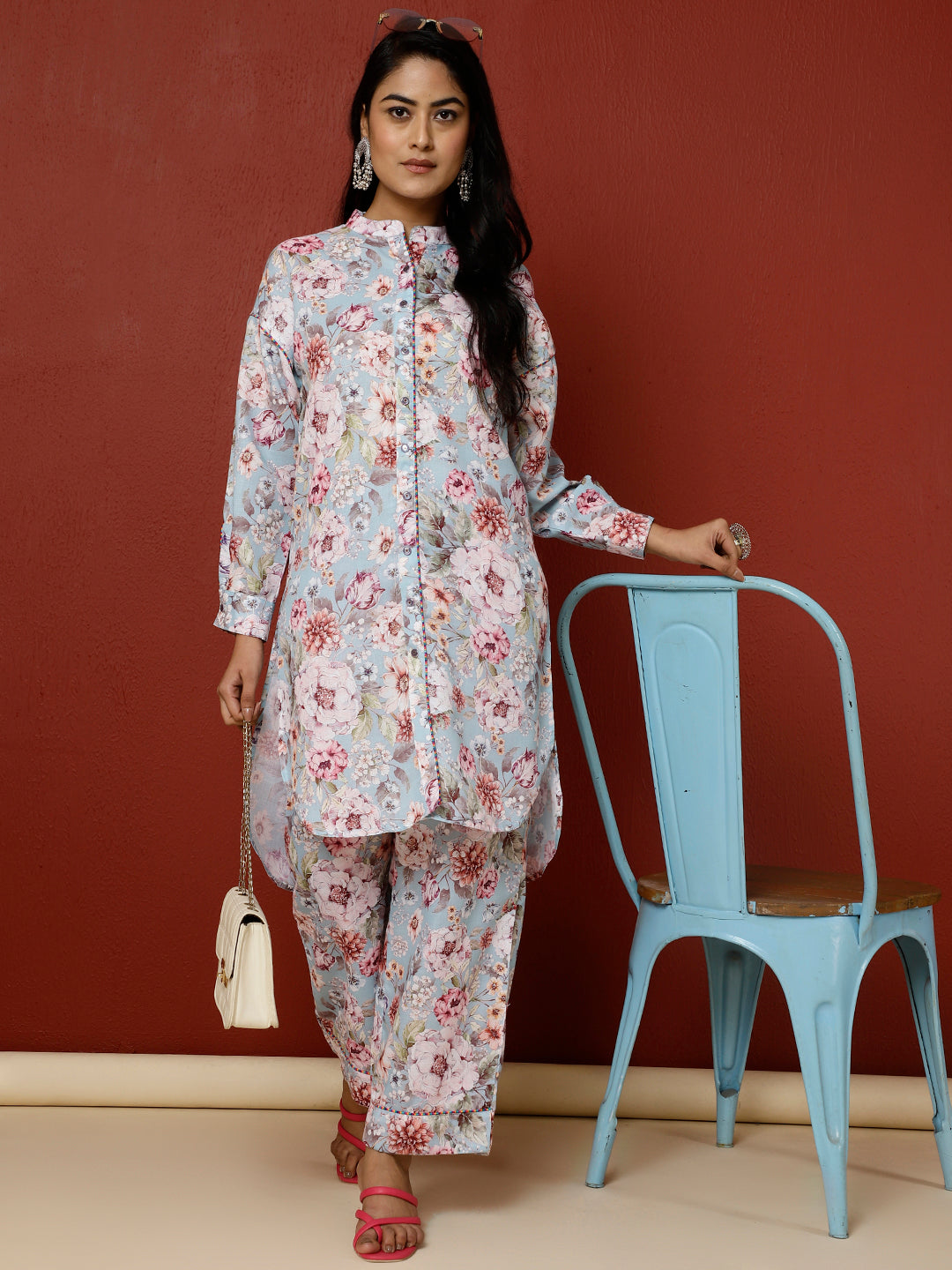 Blue Floral Printed Kurta With Palazzo Co-ord Set