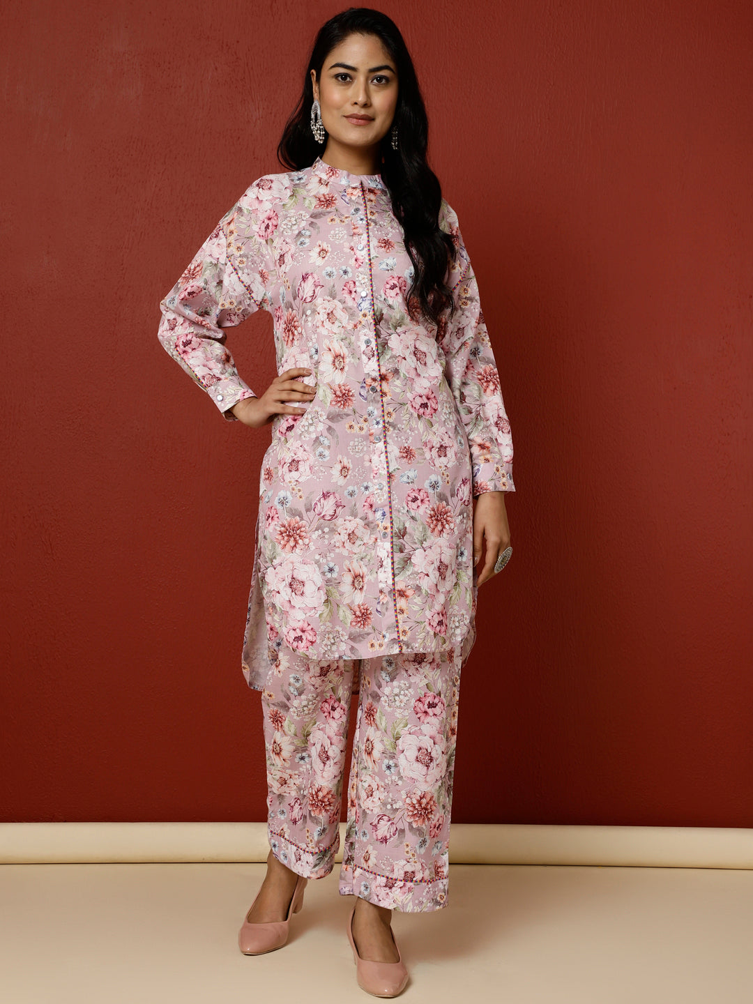 Pink Floral Printed Kurta With Palazzo Co-ord Set