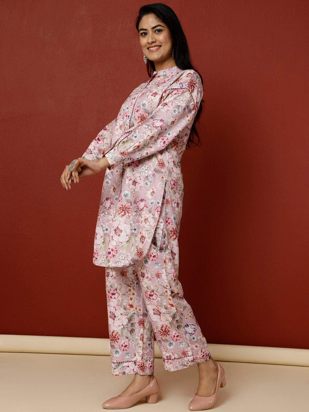 Pink Floral Printed Kurta With Palazzo Co-ord Set
