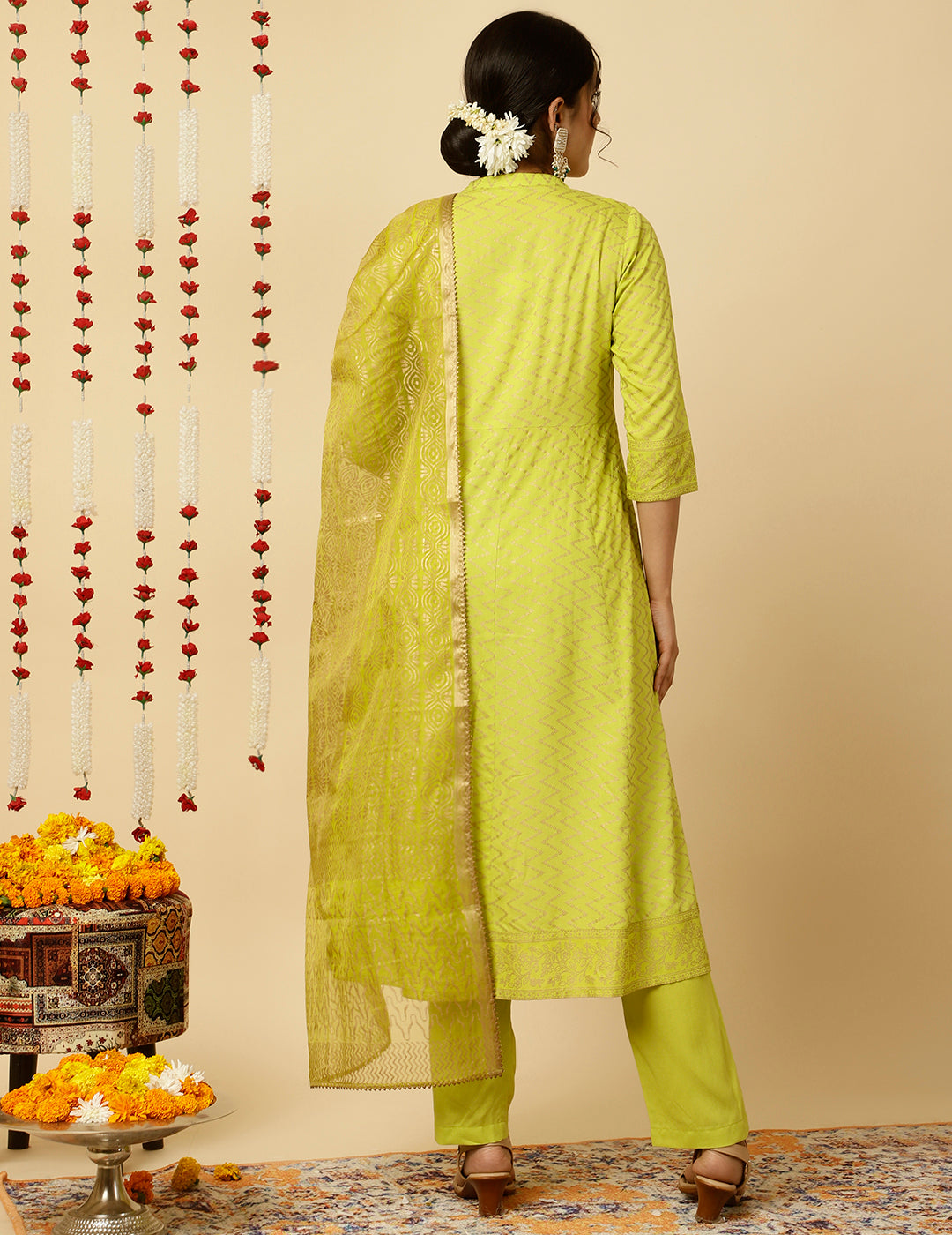 Lime Green Zigzag Printed Anarkali Kurta With Pants And Dupatta