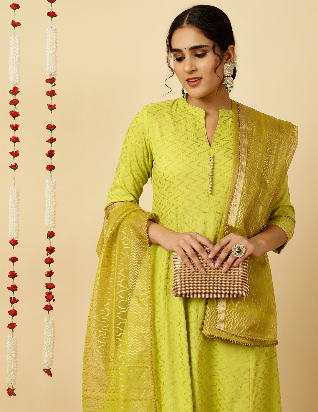 Lime Green Zigzag Printed Anarkali Kurta With Pants And Dupatta