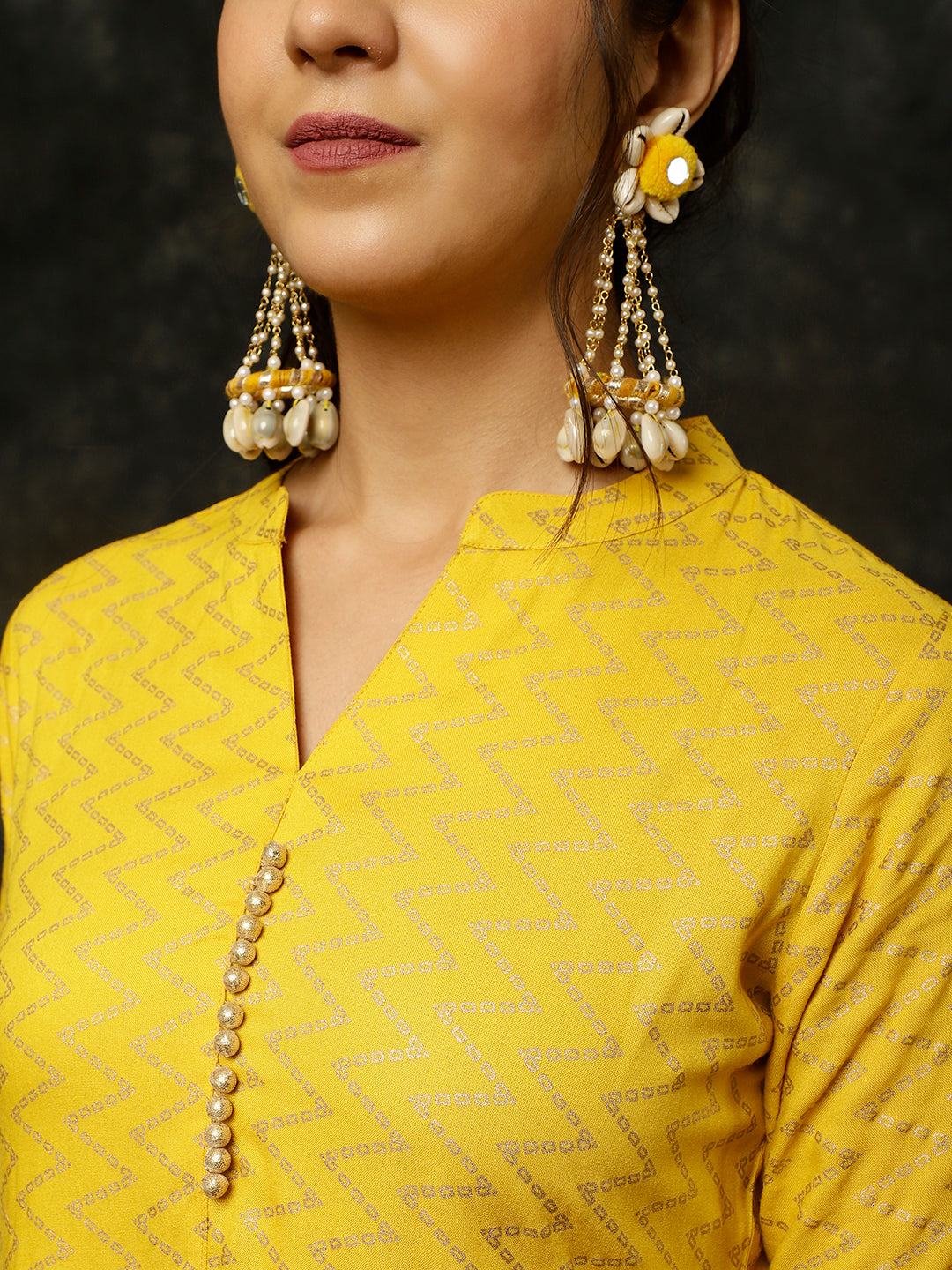 Mustard Zigzag Printed Anarkali Kurta With Pants And Dupatta