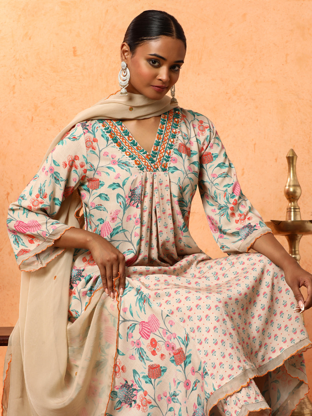 Floral Embroidered A-Line Viscose Rayon Kurta & Trousers Sets