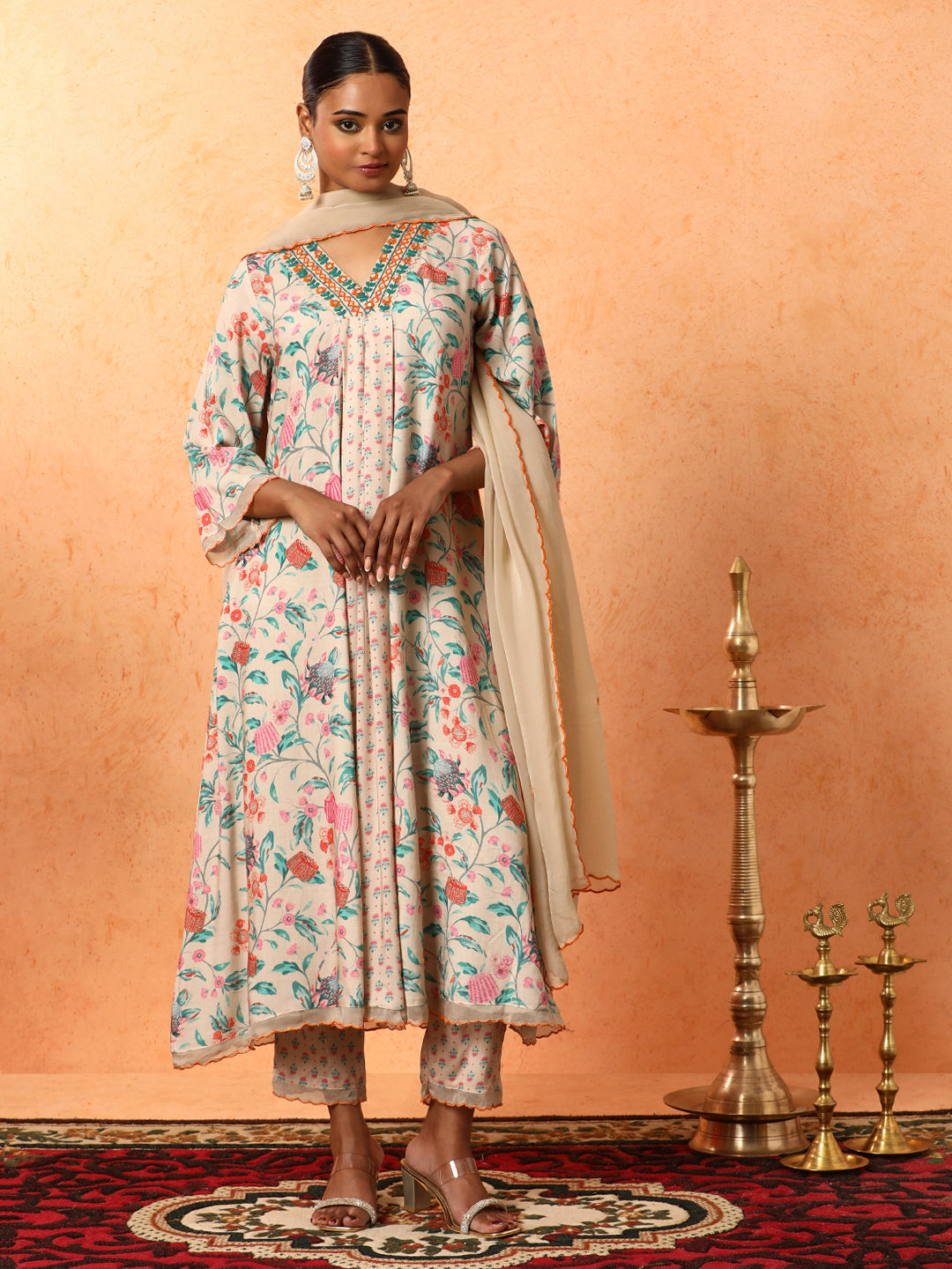 Floral Embroidered A-Line Viscose Rayon Kurta & Trousers Sets
