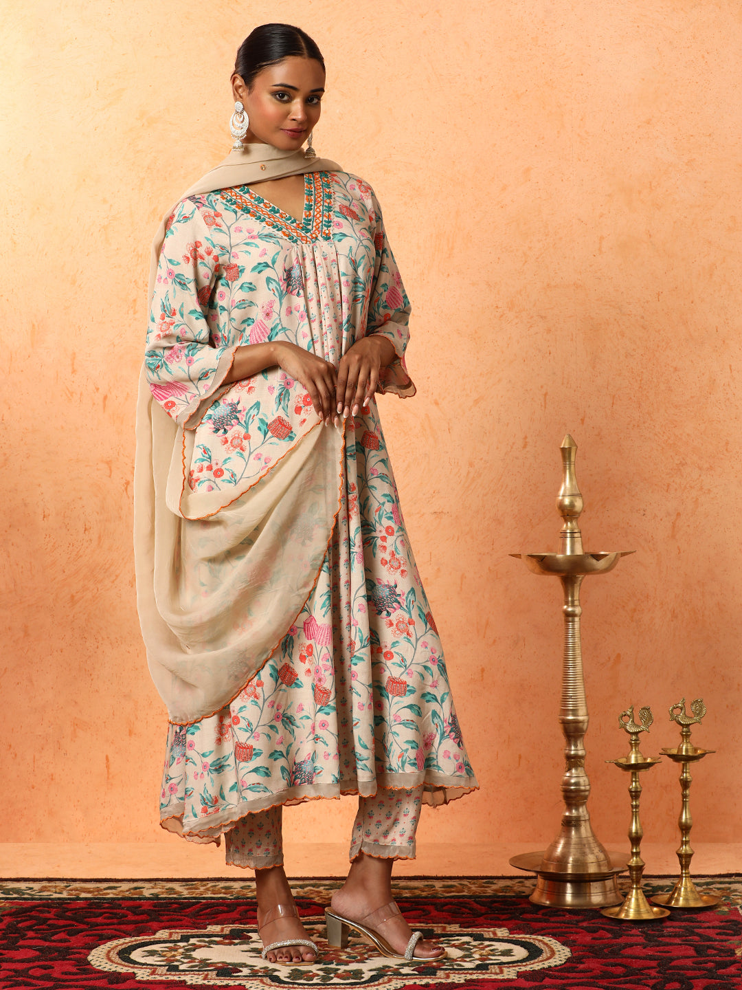 Floral Embroidered A-Line Viscose Rayon Kurta & Trousers Sets