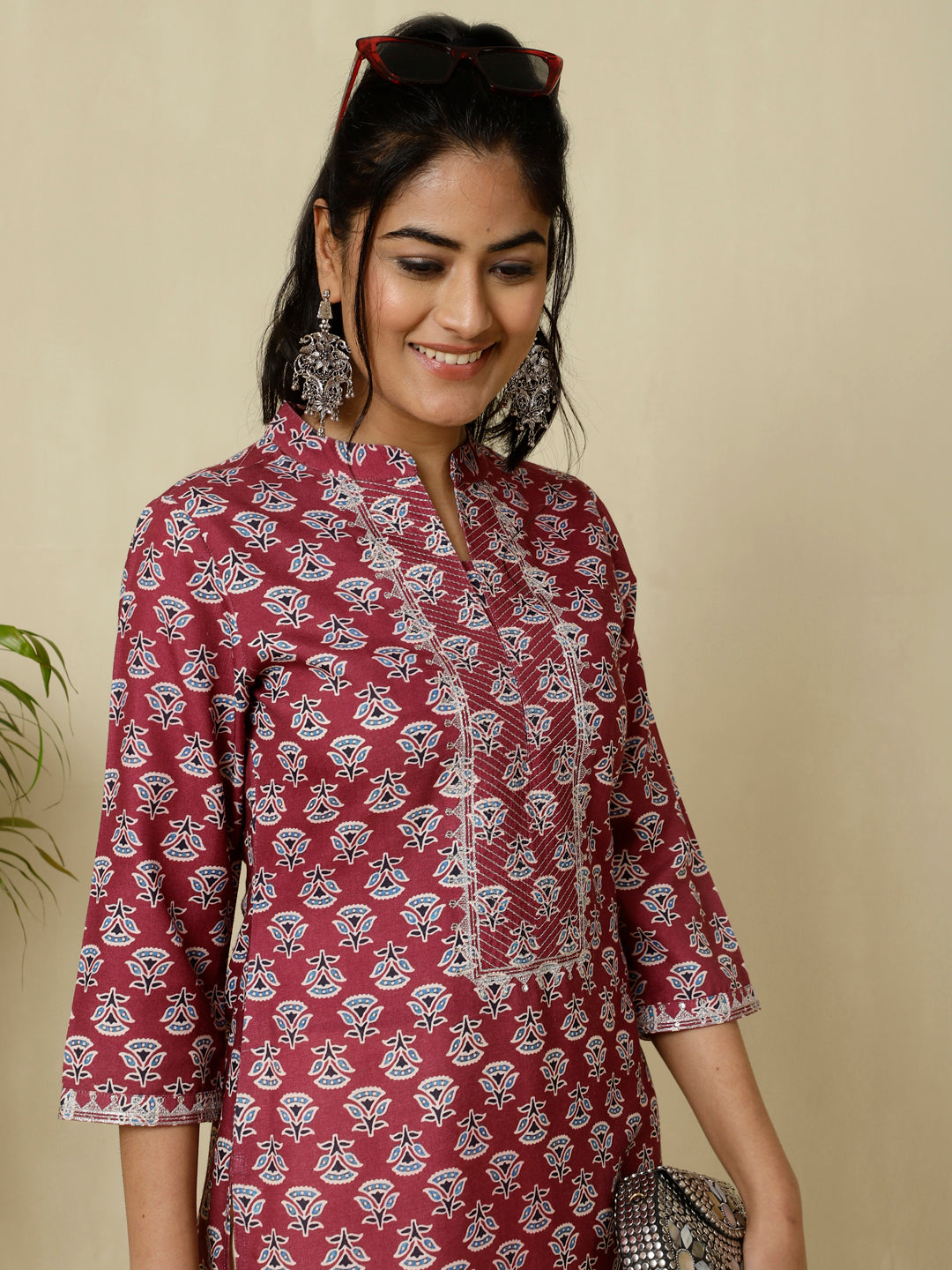 Magenta Ethnic Printed Aari Work Straight Kurti