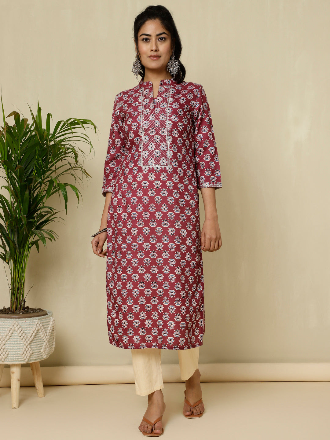 Magenta Ethnic Printed Aari Work Straight Kurti