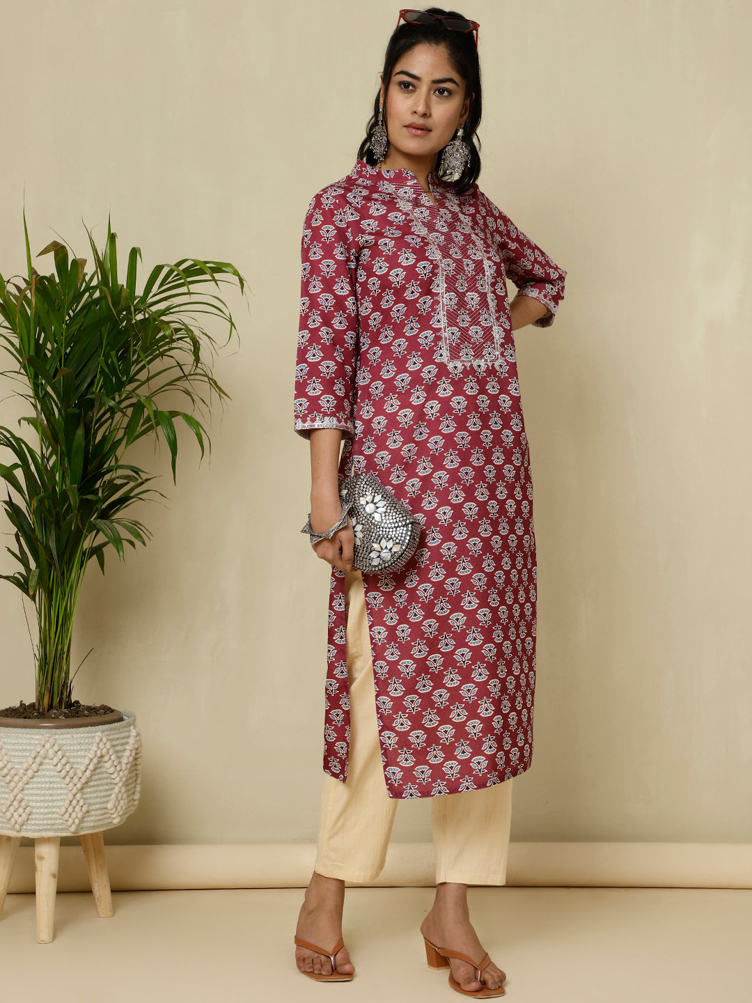 Magenta Ethnic Printed Aari Work Straight Kurti