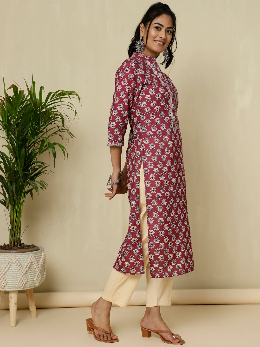 Magenta Ethnic Printed Aari Work Straight Kurti