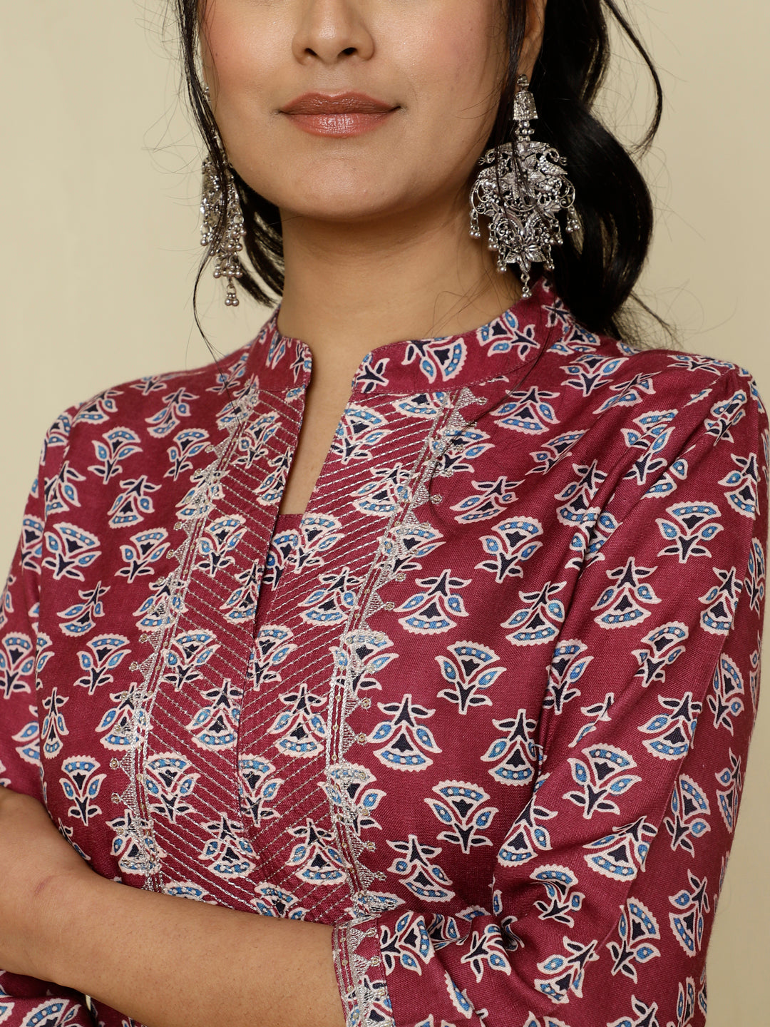 Magenta Ethnic Printed Aari Work Straight Kurti