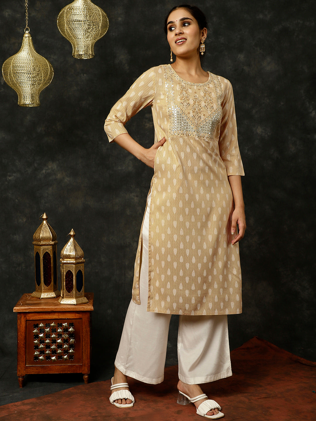 Beige Ethnic Motif Printed Embroidered Straight Kurta
