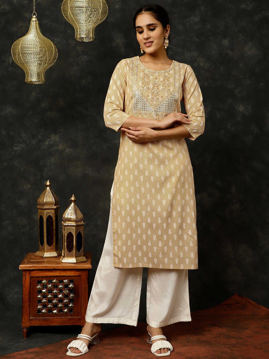 Beige Ethnic Motif Printed Embroidered Straight Kurta