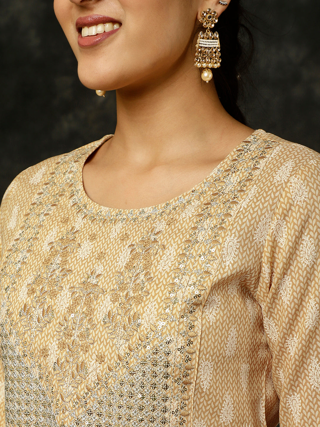 Beige Ethnic Motif Printed Embroidered Straight Kurta