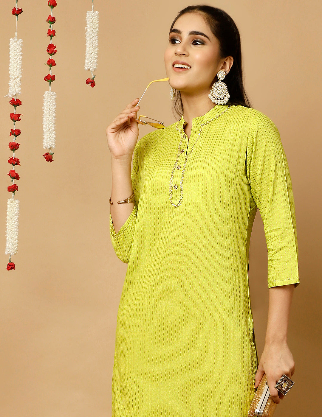 Lime Green Zari Work Striped Straight Kurta