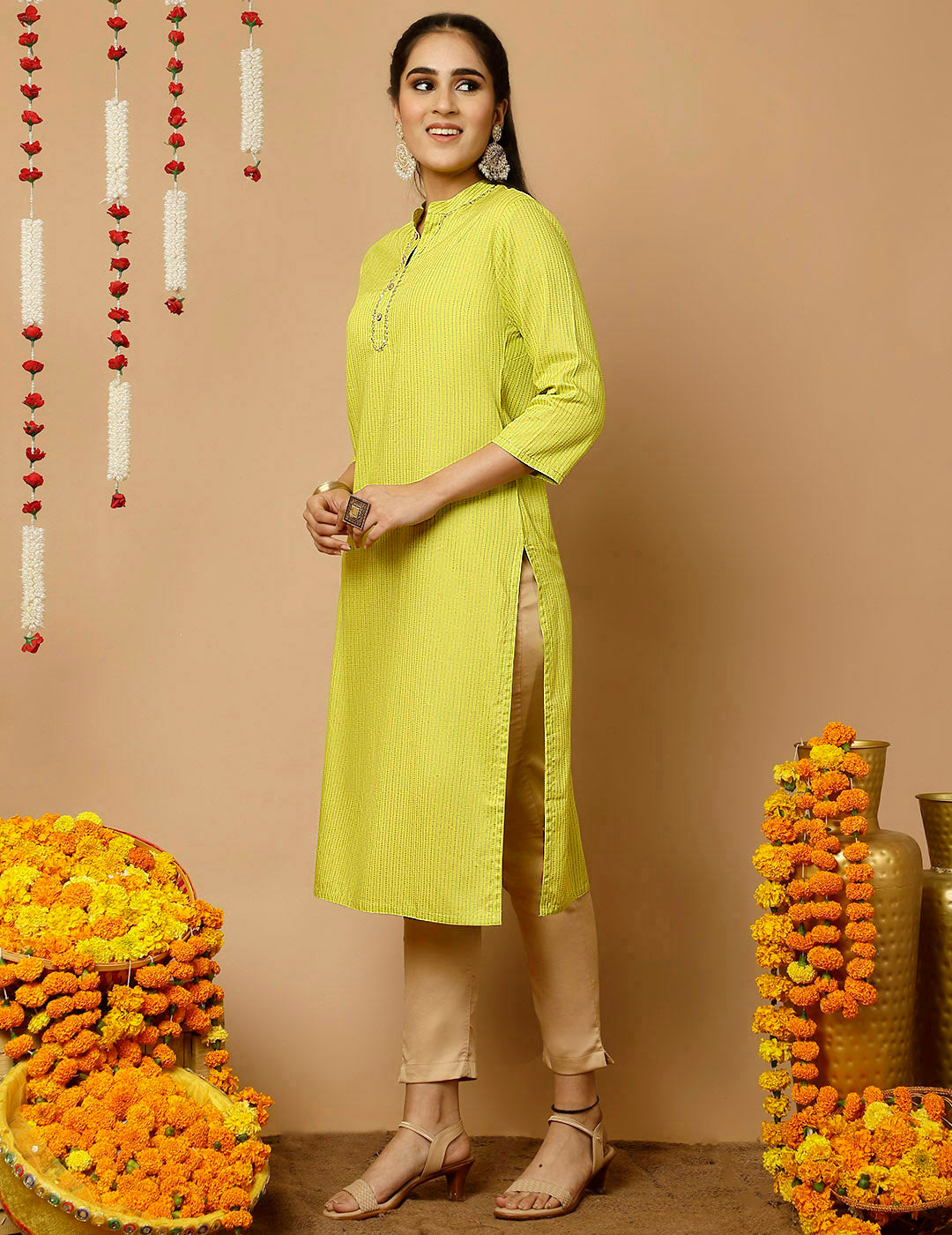 Lime Green Zari Work Striped Straight Kurta