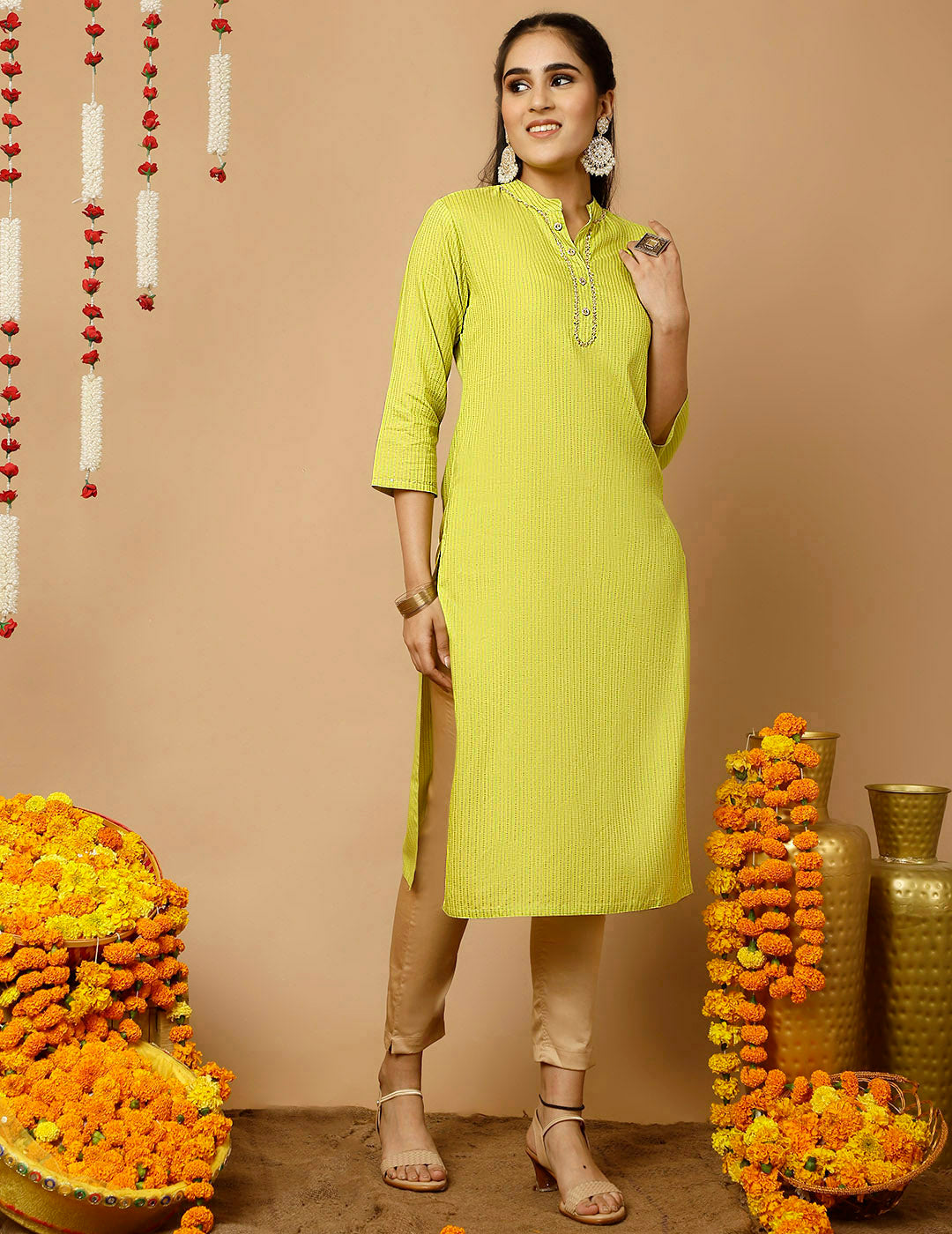 Lime Green Zari Work Striped Straight Kurta
